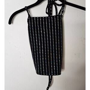 NWT Subdued Black Velour Silver Metallic Polka Dot Strappy VBack Crop Top 0